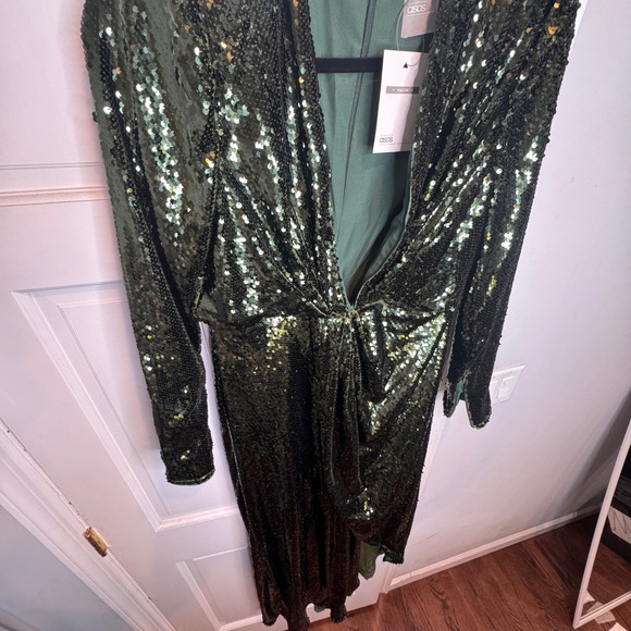ASOS Dress Green Sequin Statement Retro Glam Asymmetrical Maxi NEW - Picture 1 of 13